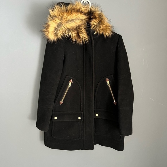 J. Crew Size 00 Coat Chateau Parka Stadium Cloth Wool Fur Hood Nello Gori Jacket - Picture 1 of 4
